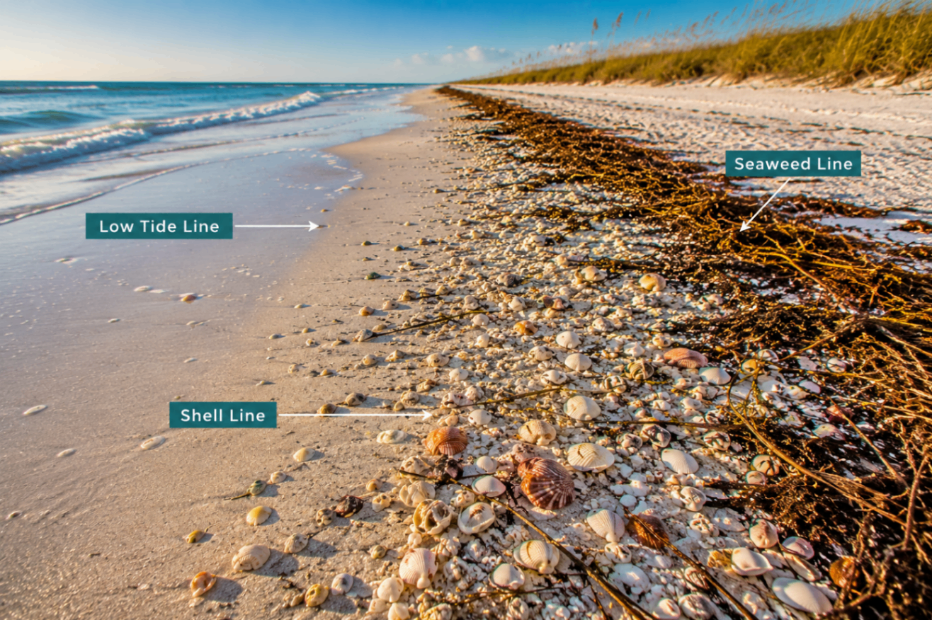 Anna Maria Island shelling pattern graphic showing low tide line, shell line, and seaweed line on a Gulf Coast beach