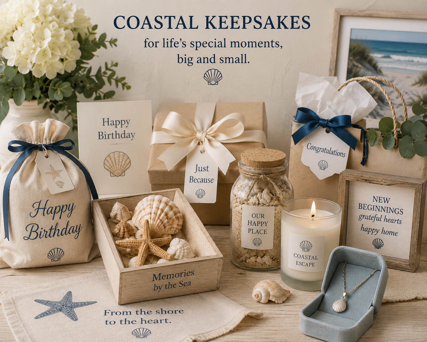 All-occasion coastal gift collection with birthday, congratulations and new beginnings keepsakes