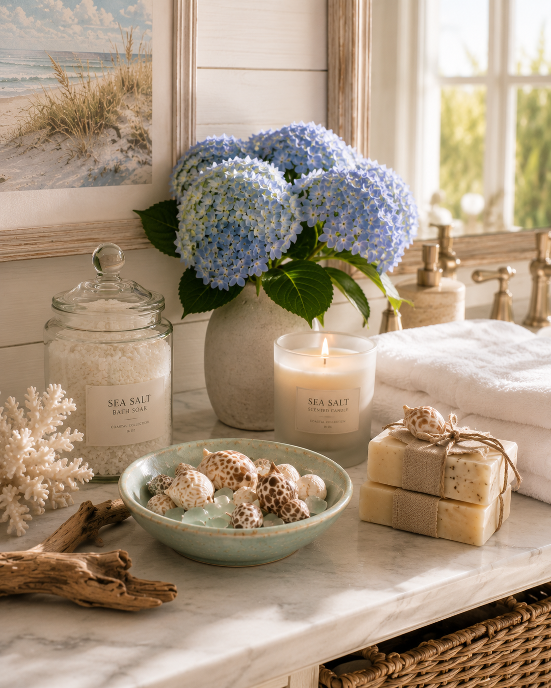 A bathroom vanity with shells, sea salt bath soak, candle, and folded towels