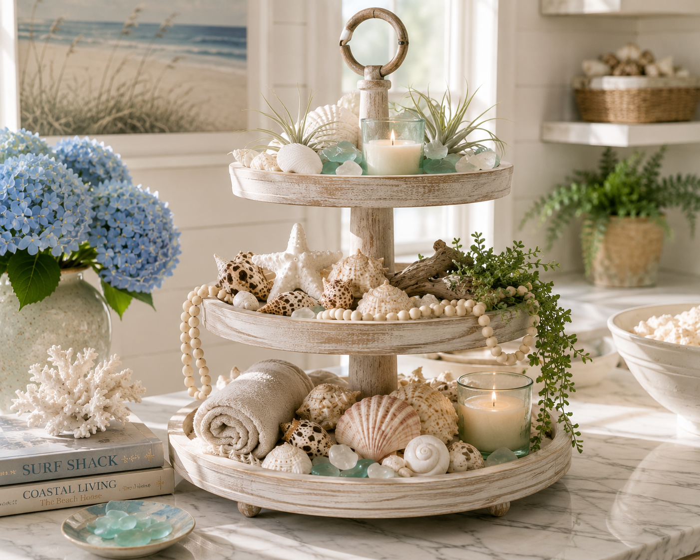 A distressed white tiered tray styled with seashells, candles, greenery, and sea glass on a coastal counter