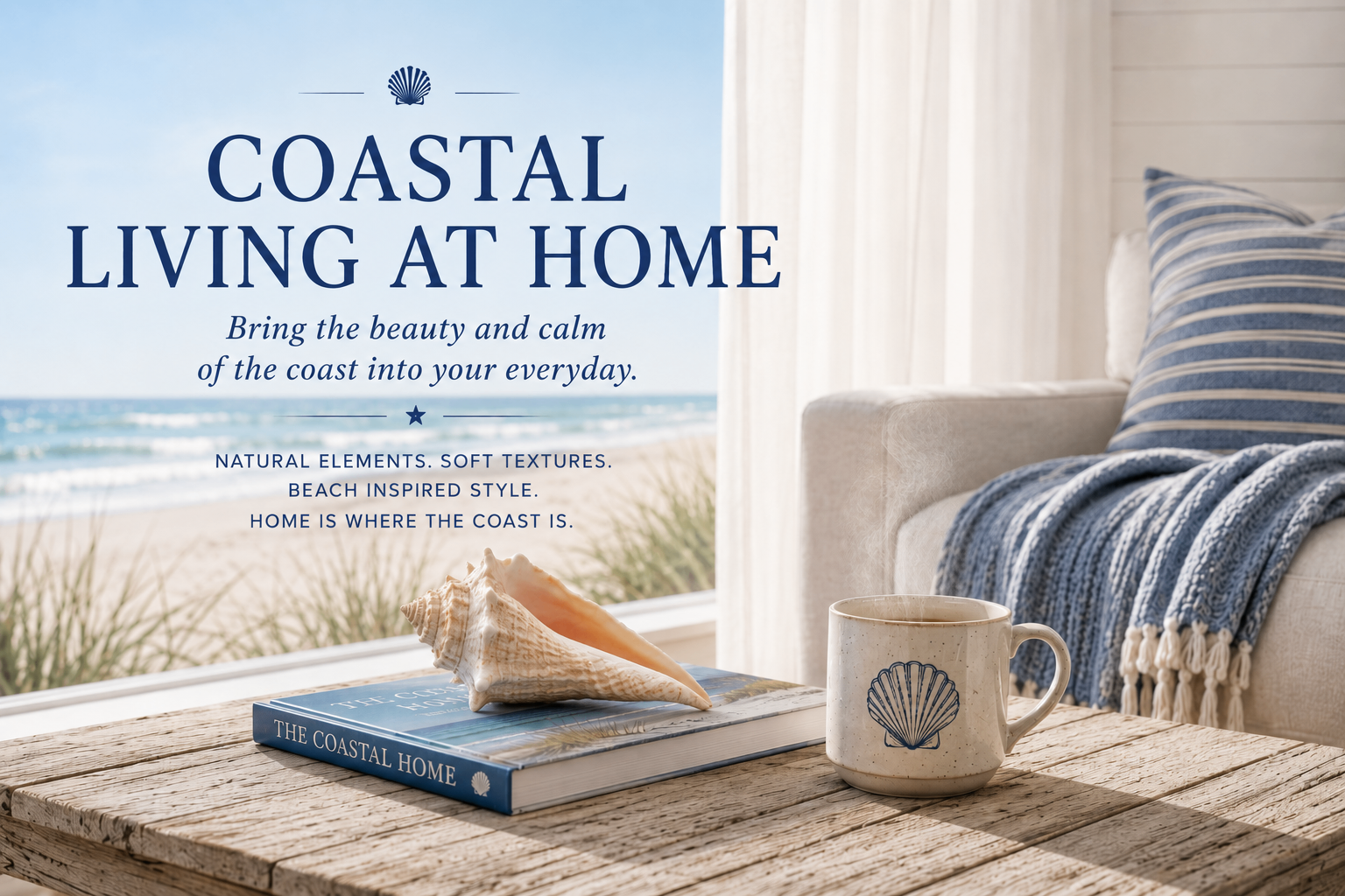 Coastal living room vignette with ocean view, shell, mug, and blue striped throw