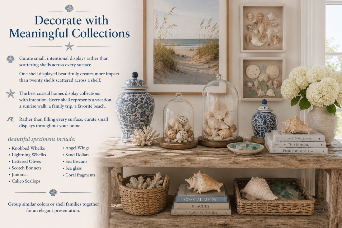 Driftwood console table styled with collected shells, glass cloches, shadow boxes, blue ginger jars, white hydrangeas, and coastal books