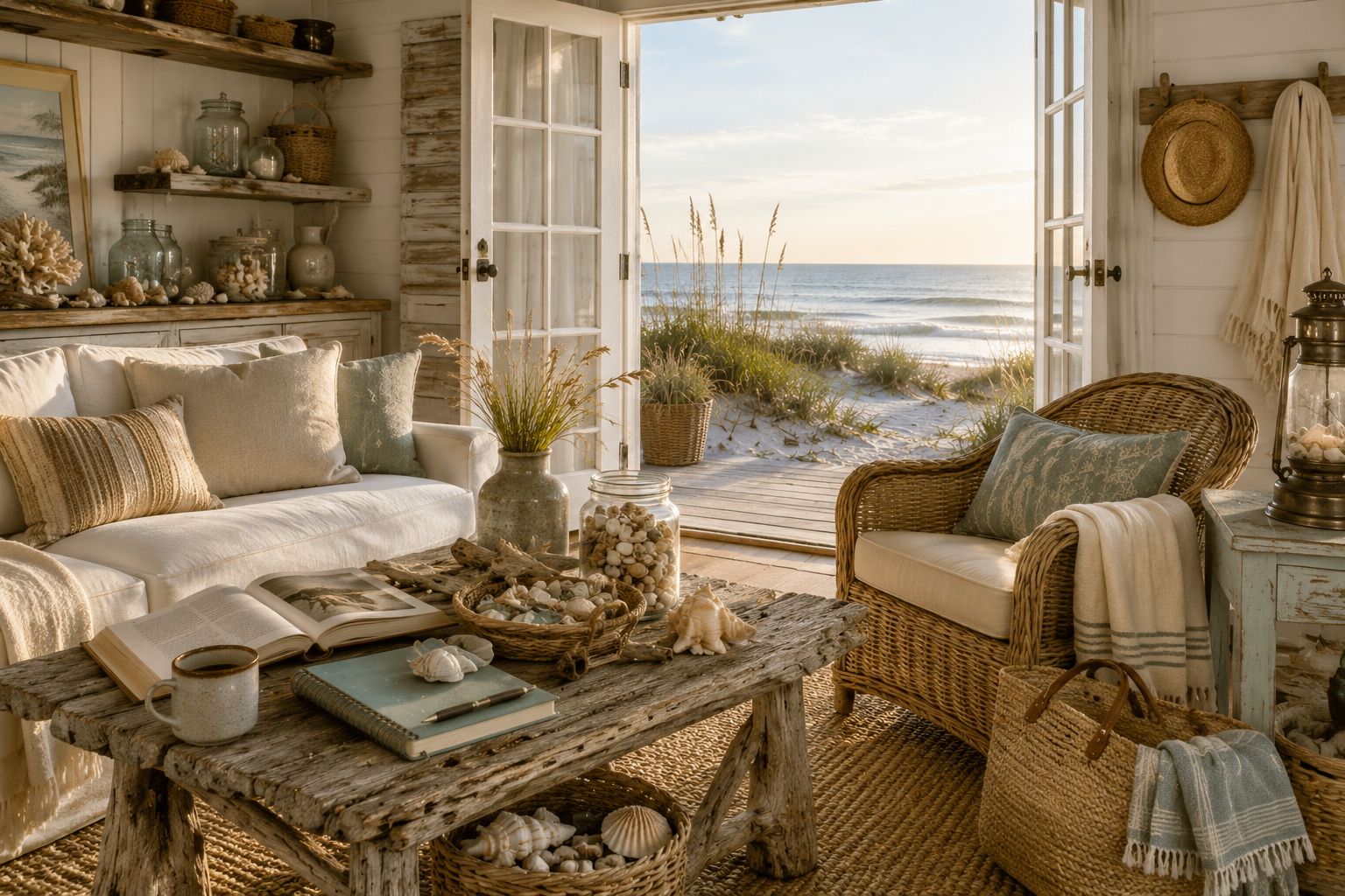 Sunlit beach cottage living room with white slipcovered sofa, driftwood coffee table filled with shells, and open French doors overlooking the dunes and ocean.