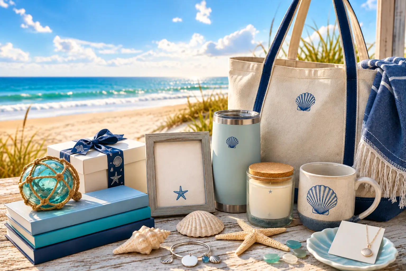 Curated beach lover gifts including tote, candle, mug, books, and jewelry on a seaside table