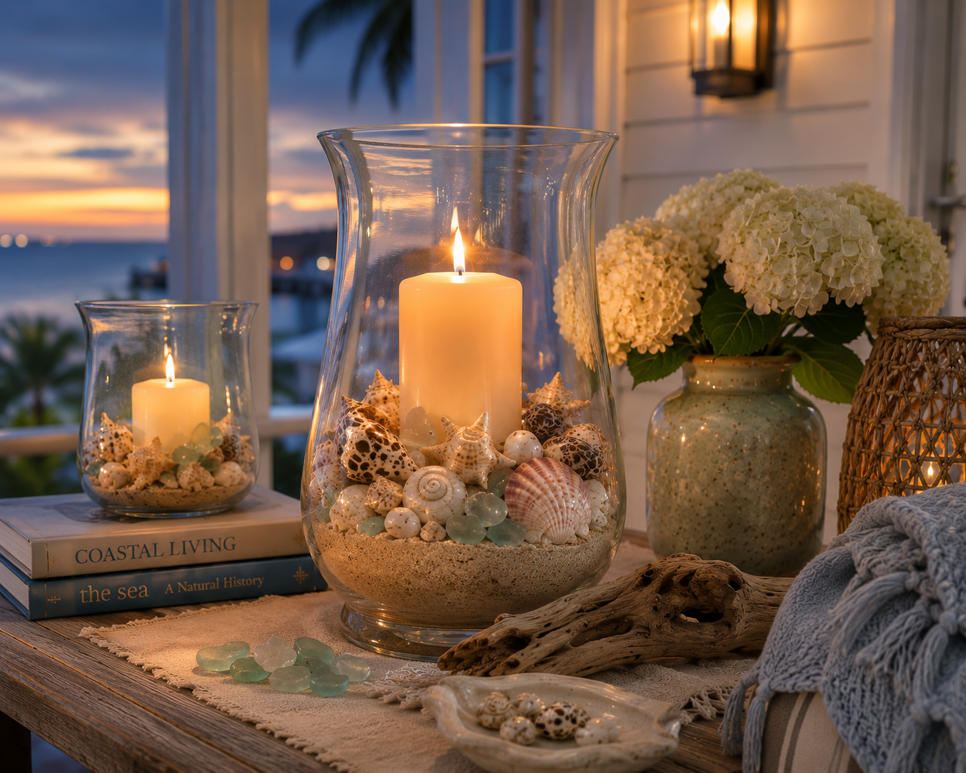 A hurricane vase with a glowing candle surrounded by seashells on a coastal table at sunset