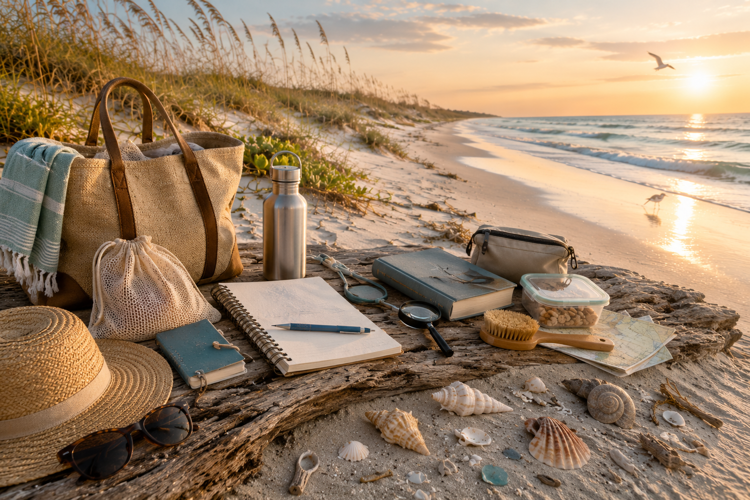 A beachcombing kit laid out on driftwood at sunrise — canvas tote, mesh bag, journal, magnifying glass, brush, sun hat, and a scatter of shells beside the surf.