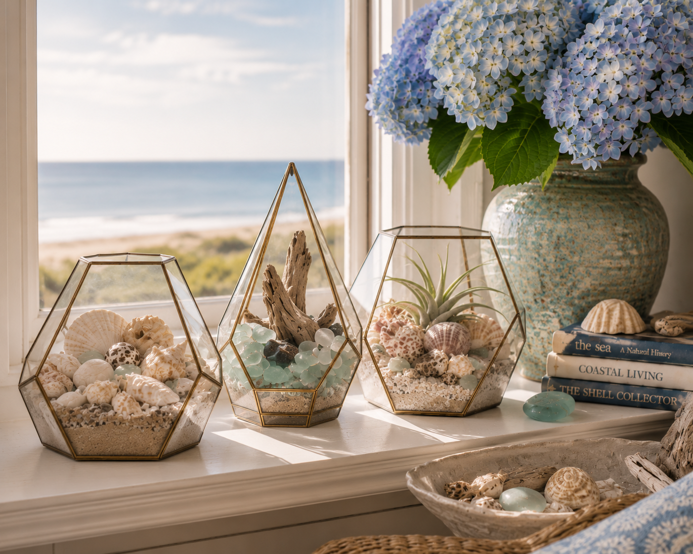 Geometric glass terrariums filled with shells, sea glass, sand, and driftwood on a sunny windowsill