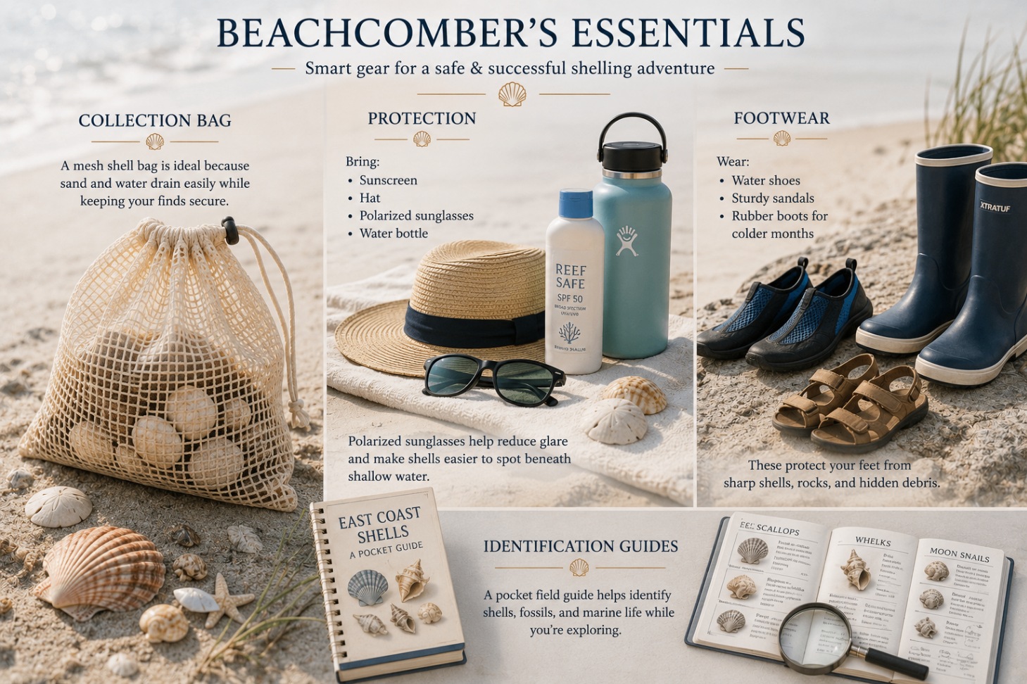 Beachcomber's essentials infographic featuring a mesh collection bag, sunscreen, hat, sunglasses, water bottle, footwear, and identification guides