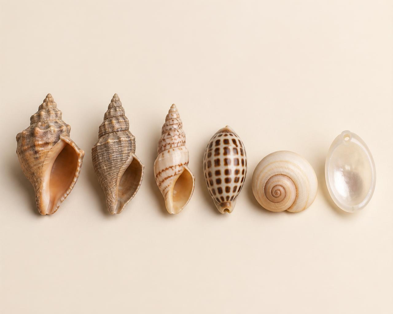 Six Atlantic seashells arranged in a row on a cream background: knobbed whelk, channeled whelk, lightning whelk, lettered olive, moon snail and jingle shell