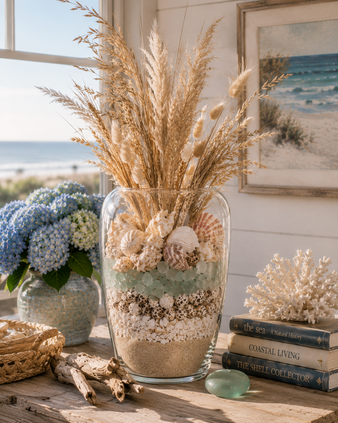 A clear vase layered with sand, shells, sea glass, and dried grasses in a coastal room