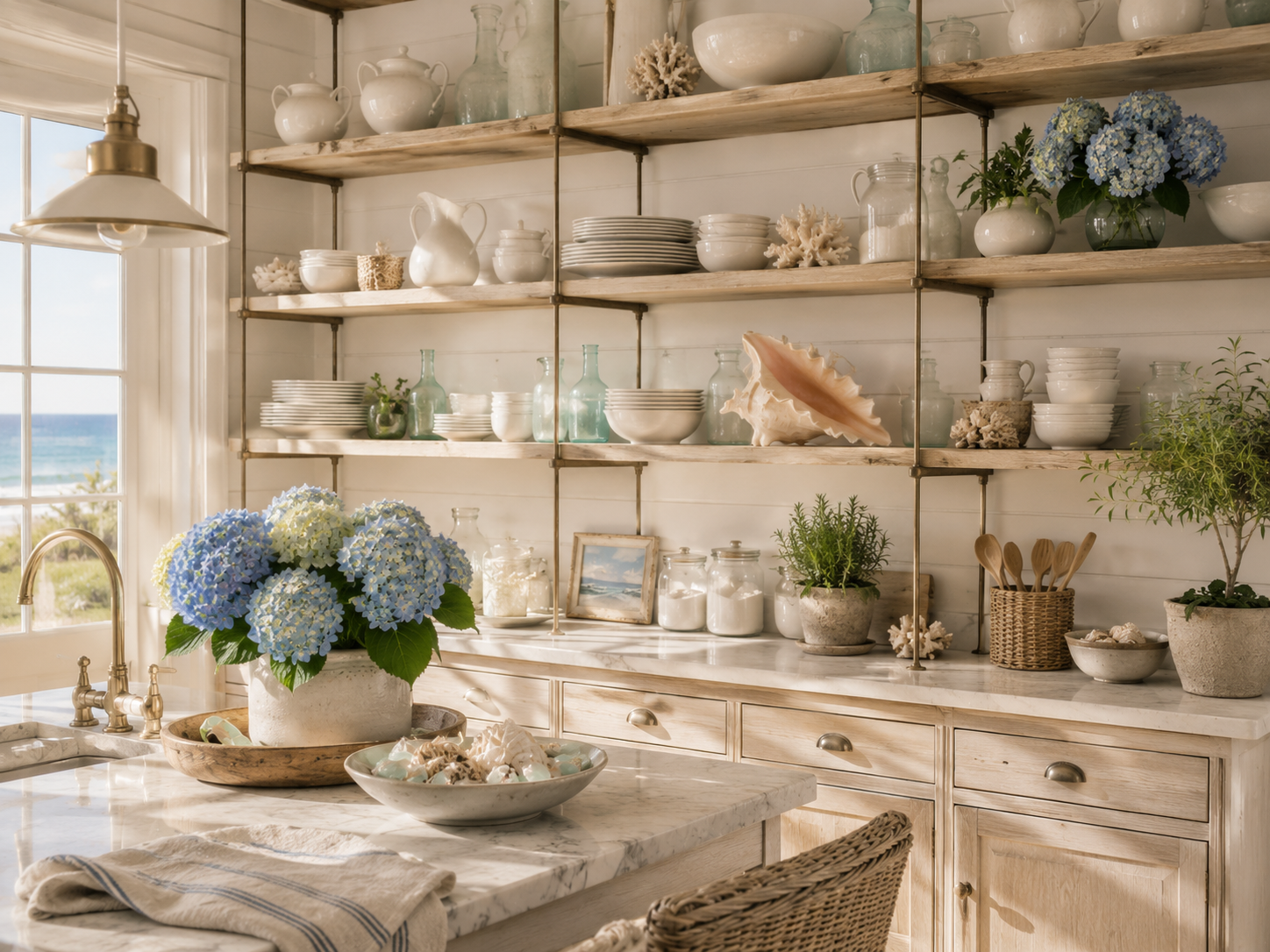 Open kitchen shelves styled with shells, coral, coastal ceramics, and blue hydrangeas