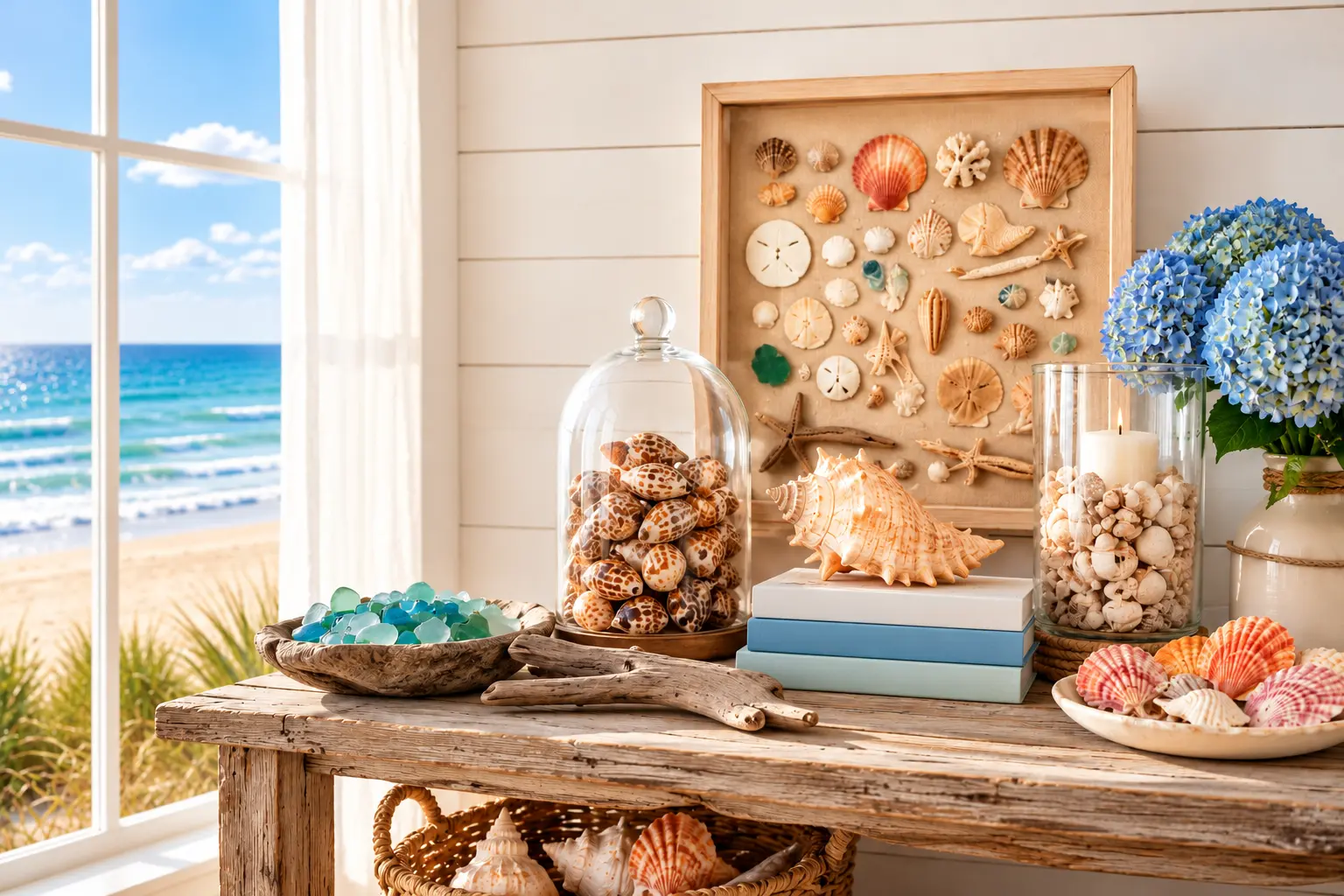 Seashells and sea glass displayed on a wooden table beside an ocean-view window