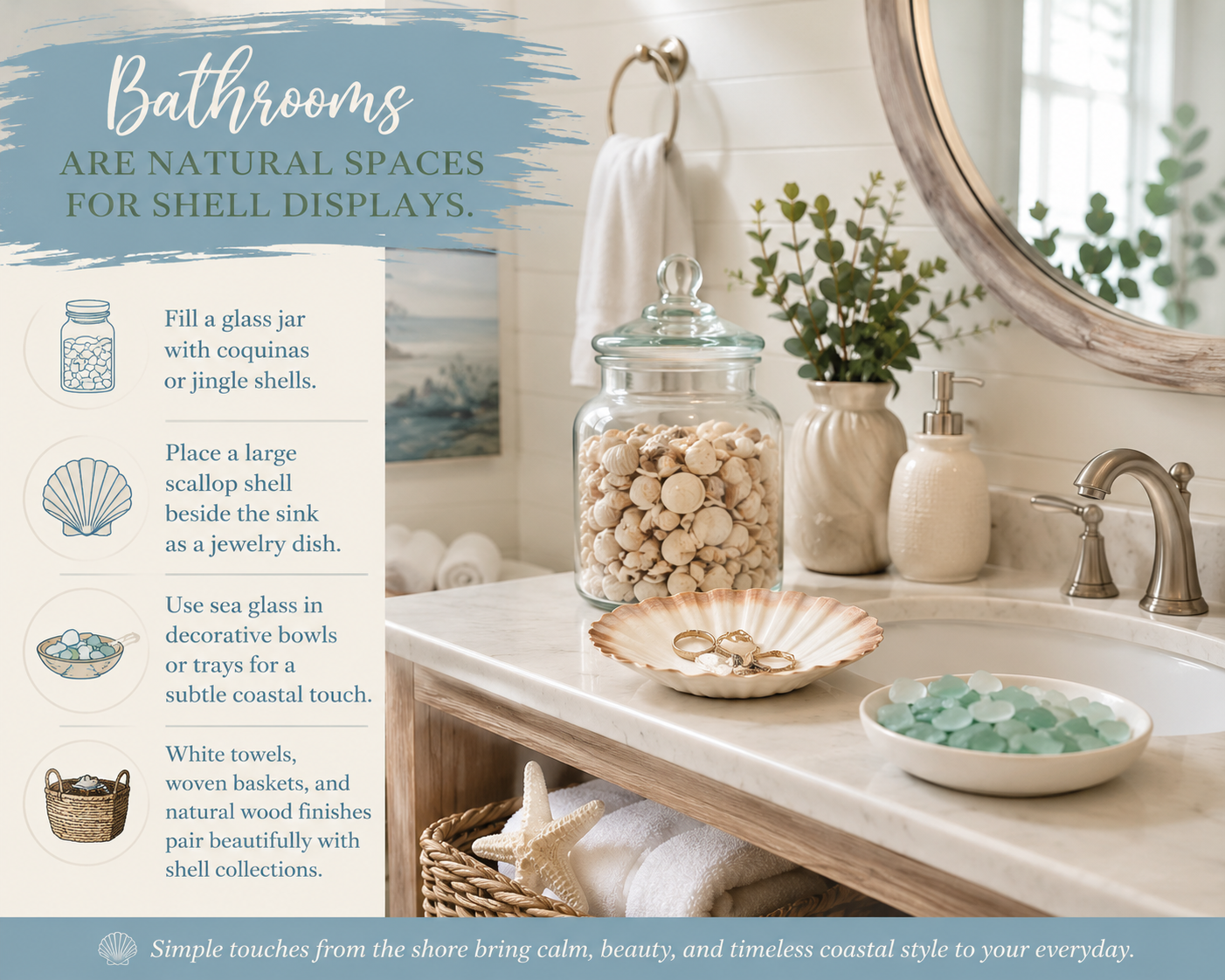 Coastal bathroom decor ideas with shells, sea glass, and soft natural styling