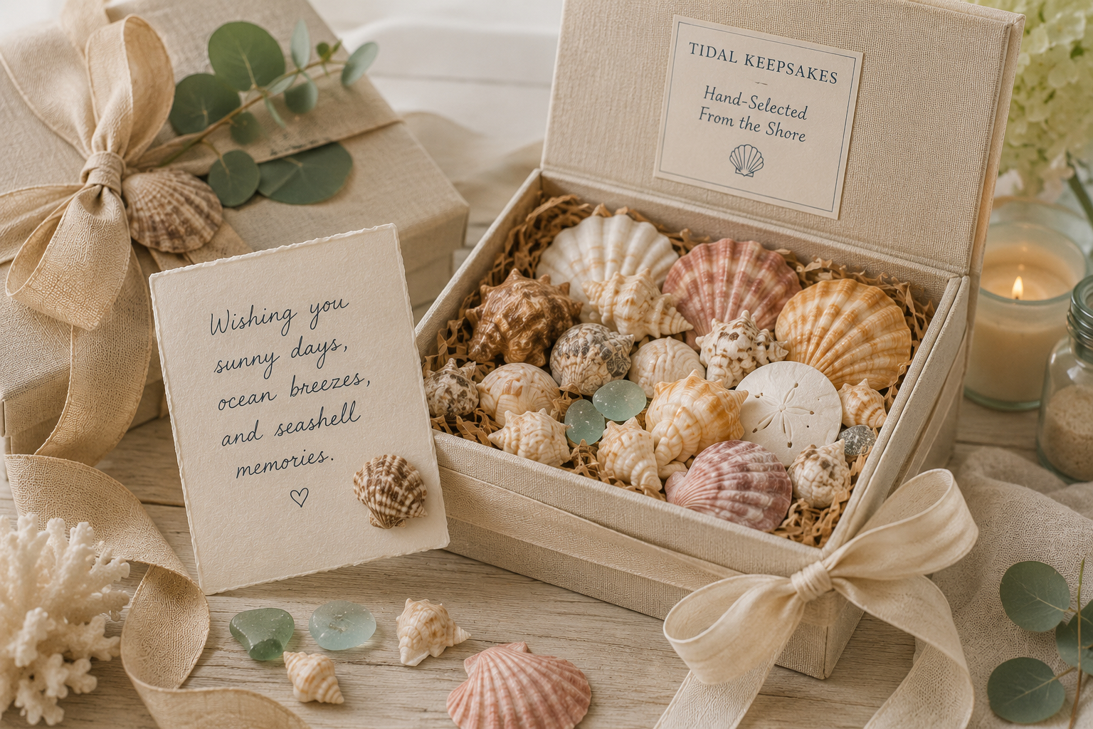 Curated coastal gift boxes with shells, ribbon and keepsake packaging for beach lovers