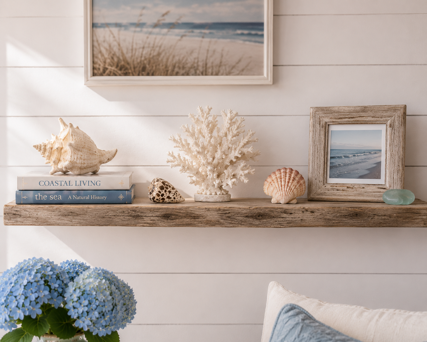 A floating wood shelf styled with shells, coral, books, and a small coastal frame