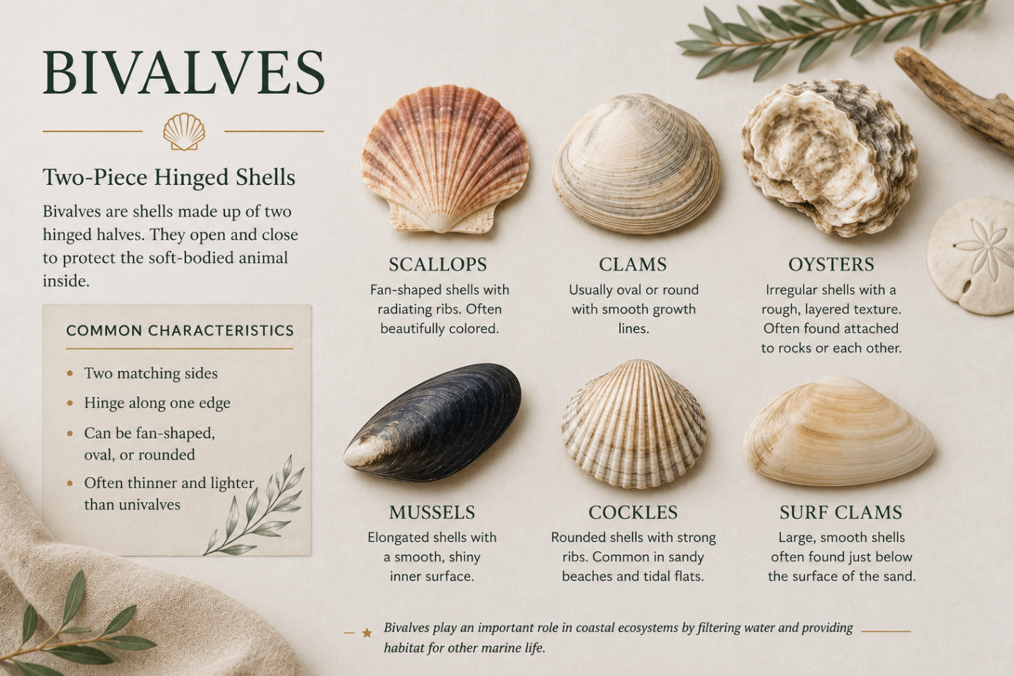 Bivalves identification reference showing two-piece hinged shells like scallops, clams, oysters, mussels, cockles, and surf clams