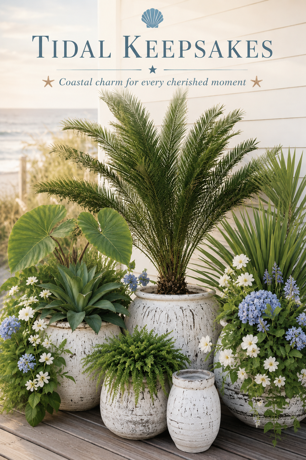 Weathered white coastal pots filled with palms and blue and white blooms on a porch