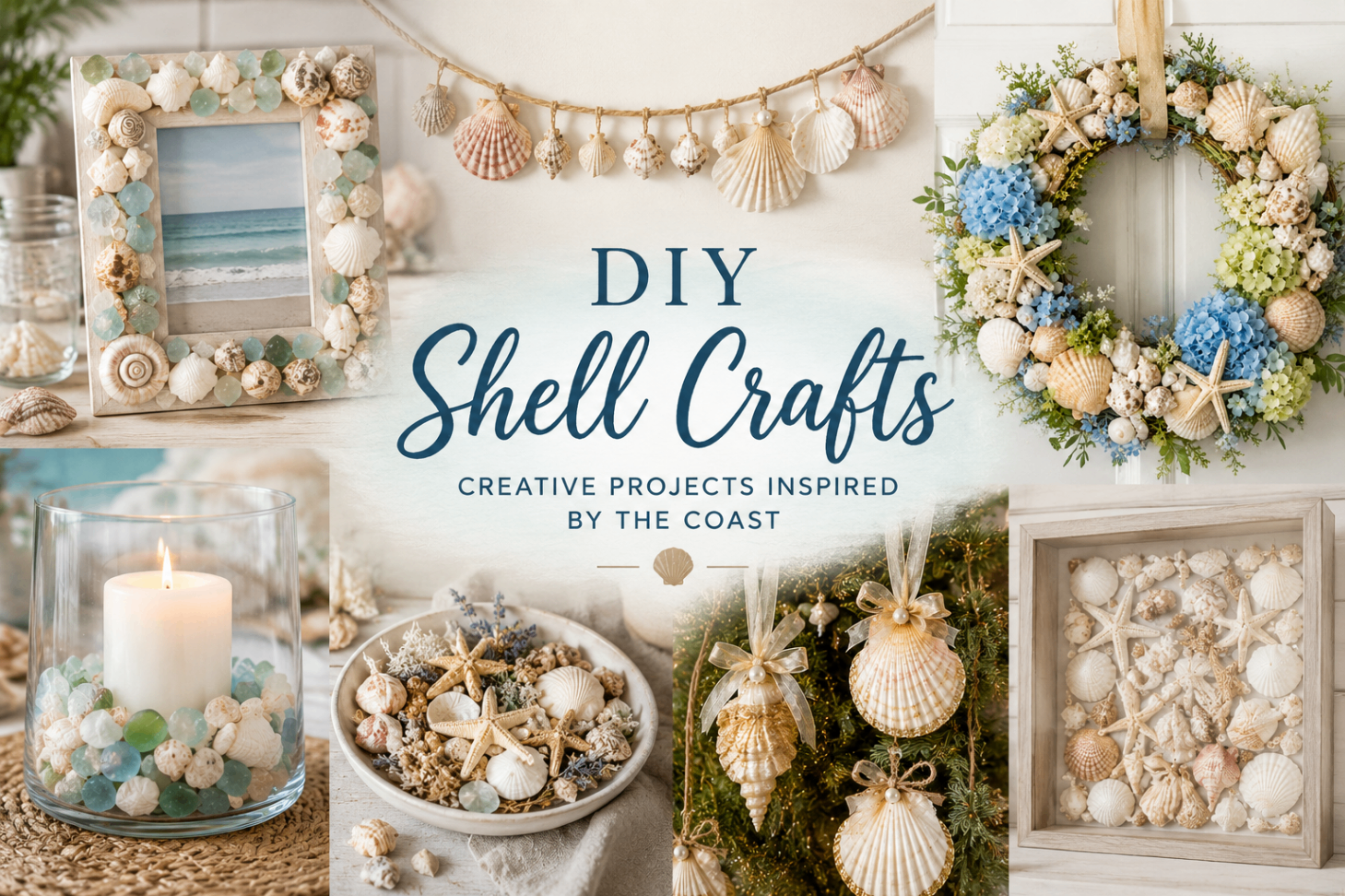 Handmade seashell crafts, candles and frames on a bright crafting table