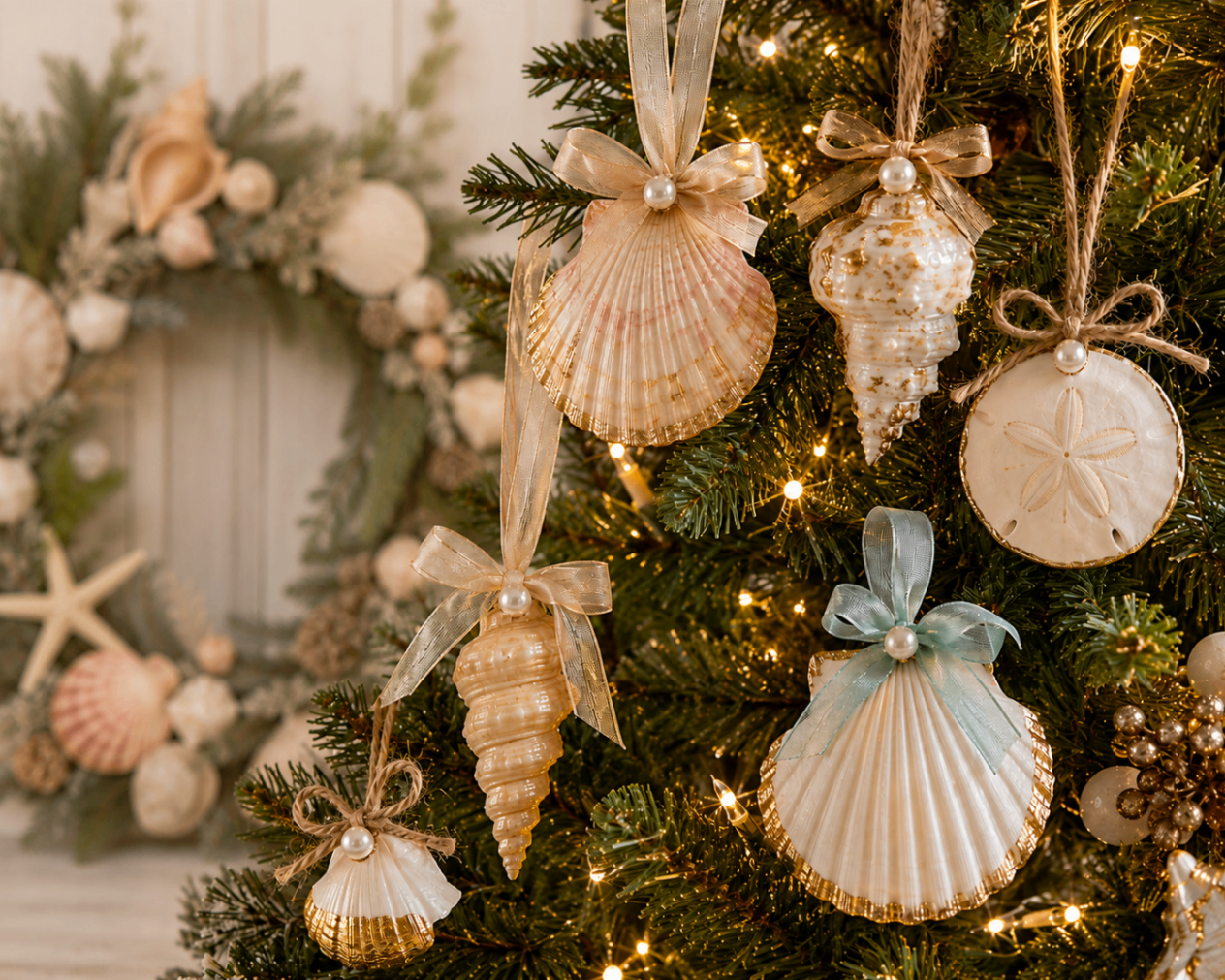 Decorative seashell ornaments tied with ribbon and twine hanging from a branch