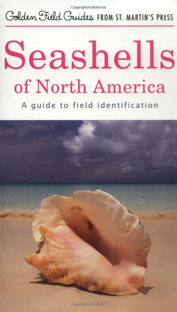 Small pocket-sized golden-spined nature field guide on driftwood with shells