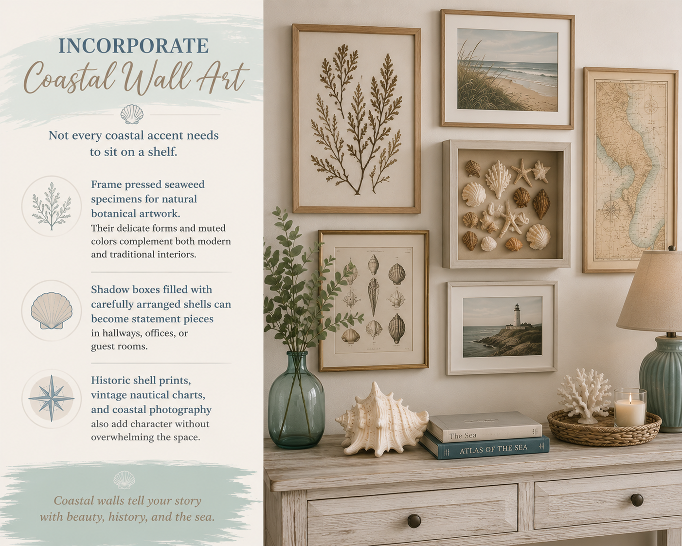 Coastal wall art inspiration with framed sea life, charts, and shell shadow boxes