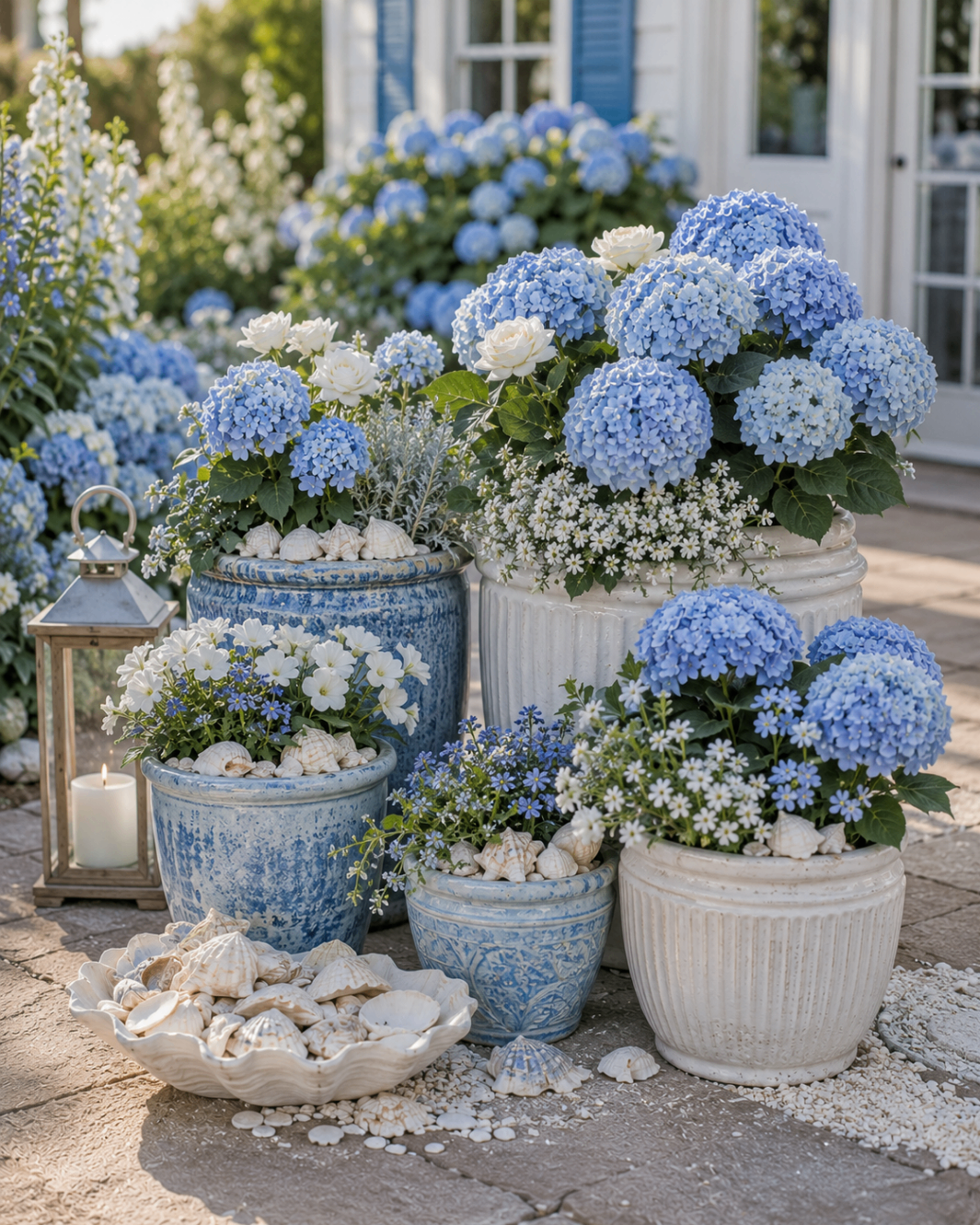 Blue and white flowering containers topped with shells on a sunlit coastal patio