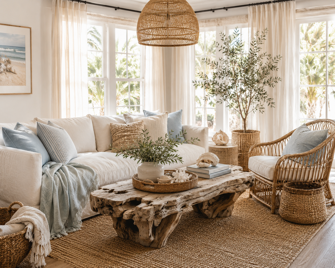 Coastal room layered with woven textures, driftwood furniture, soft textiles, and natural materials