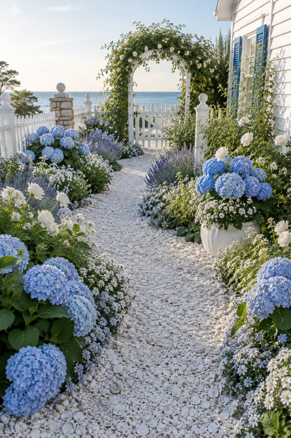 A white shell-lined coastal garden path bordered by blue hydrangeas, white roses, and soft lavender blooms