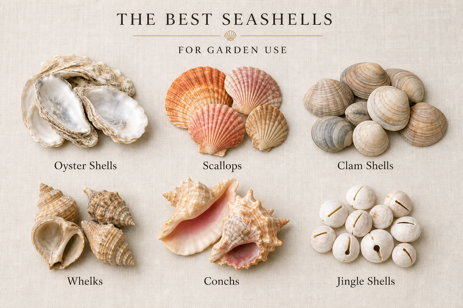 A labeled collage of the best shells for garden use: oyster shells, scallops, clam shells, whelks, conchs, and jingle shells