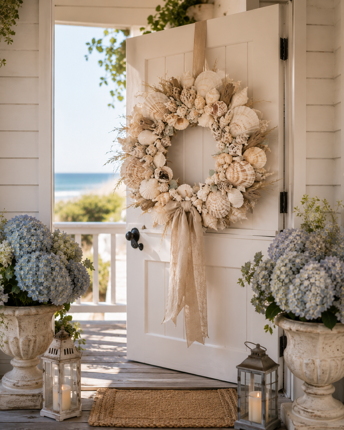 A soft neutral shell wreath hanging on a white coastal front door with ribbon and hydrangeas nearby