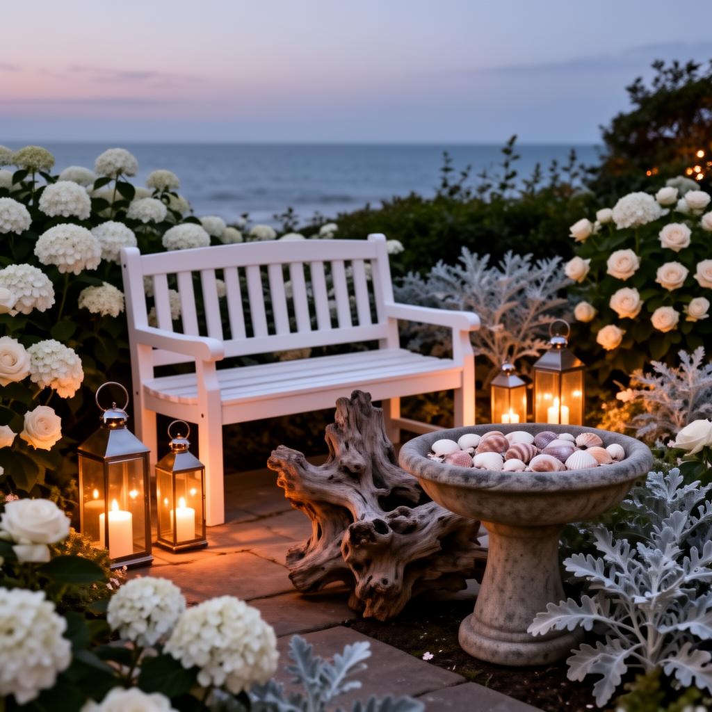 An evening coastal garden with a white bench, lanterns, driftwood sculpture, shell-filled birdbath, and soft garden lighting