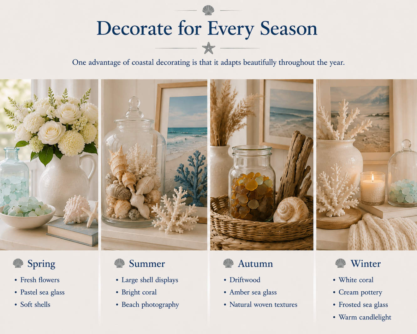 Seasonal coastal styling board showing spring, summer, autumn, and winter decorating ideas with shells, coral, sea glass, flowers, and cream pottery