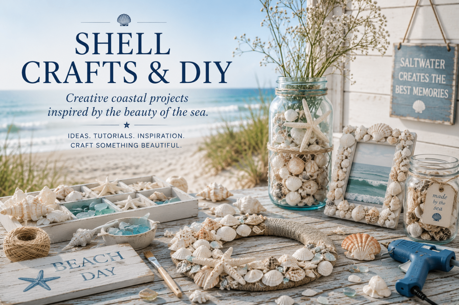 Seashell craft table with jars, shell frame, wreath, and glue gun by the beach
