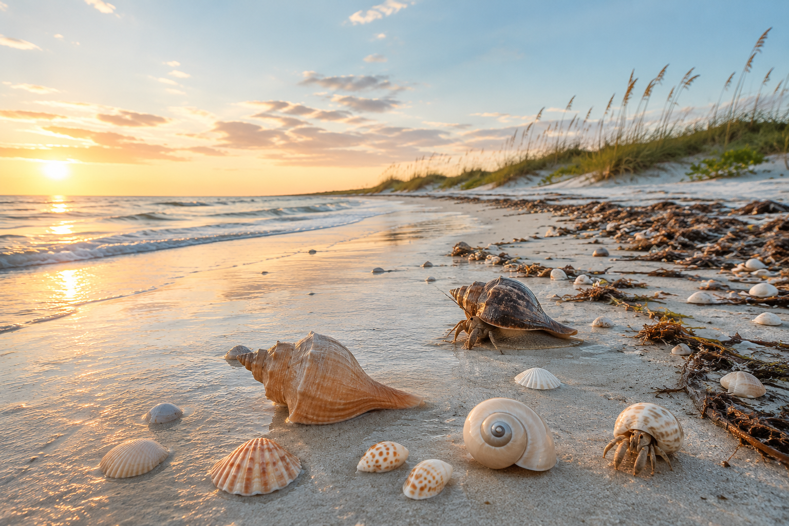Responsible Shell Collecting in Florida — a hand returning a live shell to shallow Gulf water at golden hour