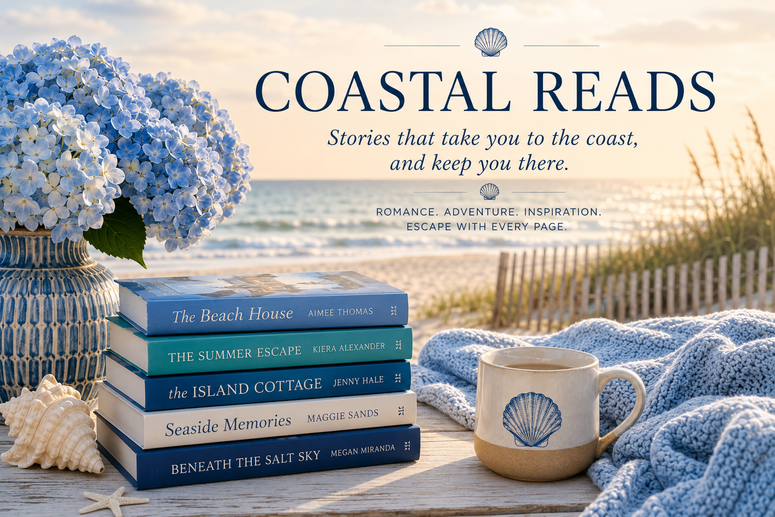 Stack of blue beach reads with hydrangeas and shell mug by the ocean