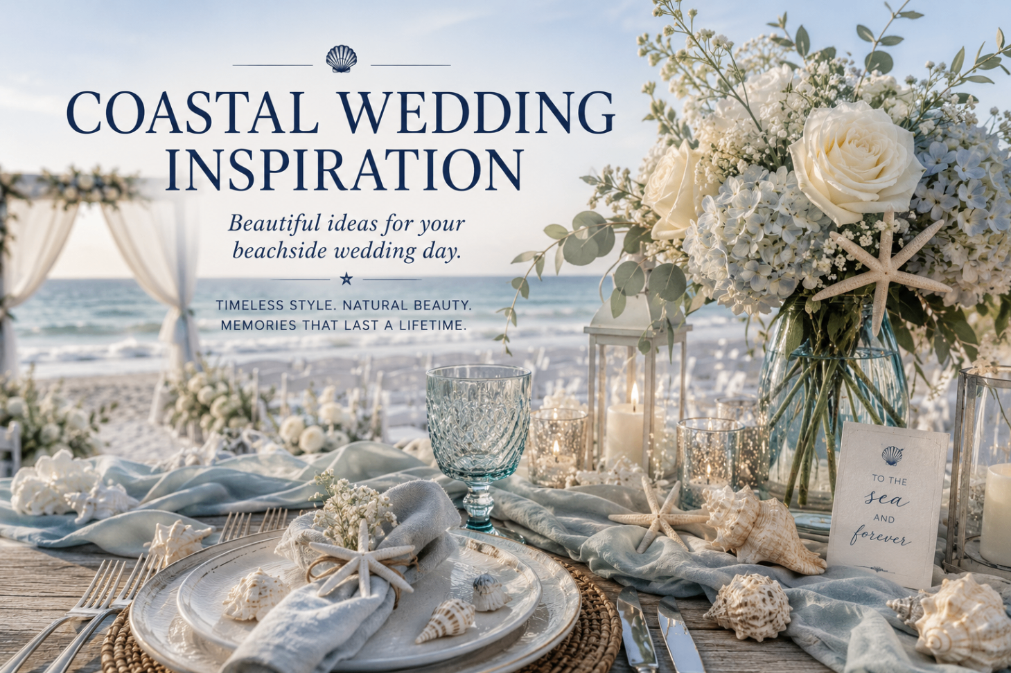 Coastal wedding tablescape by the ocean with white florals, candles, and seashell accents