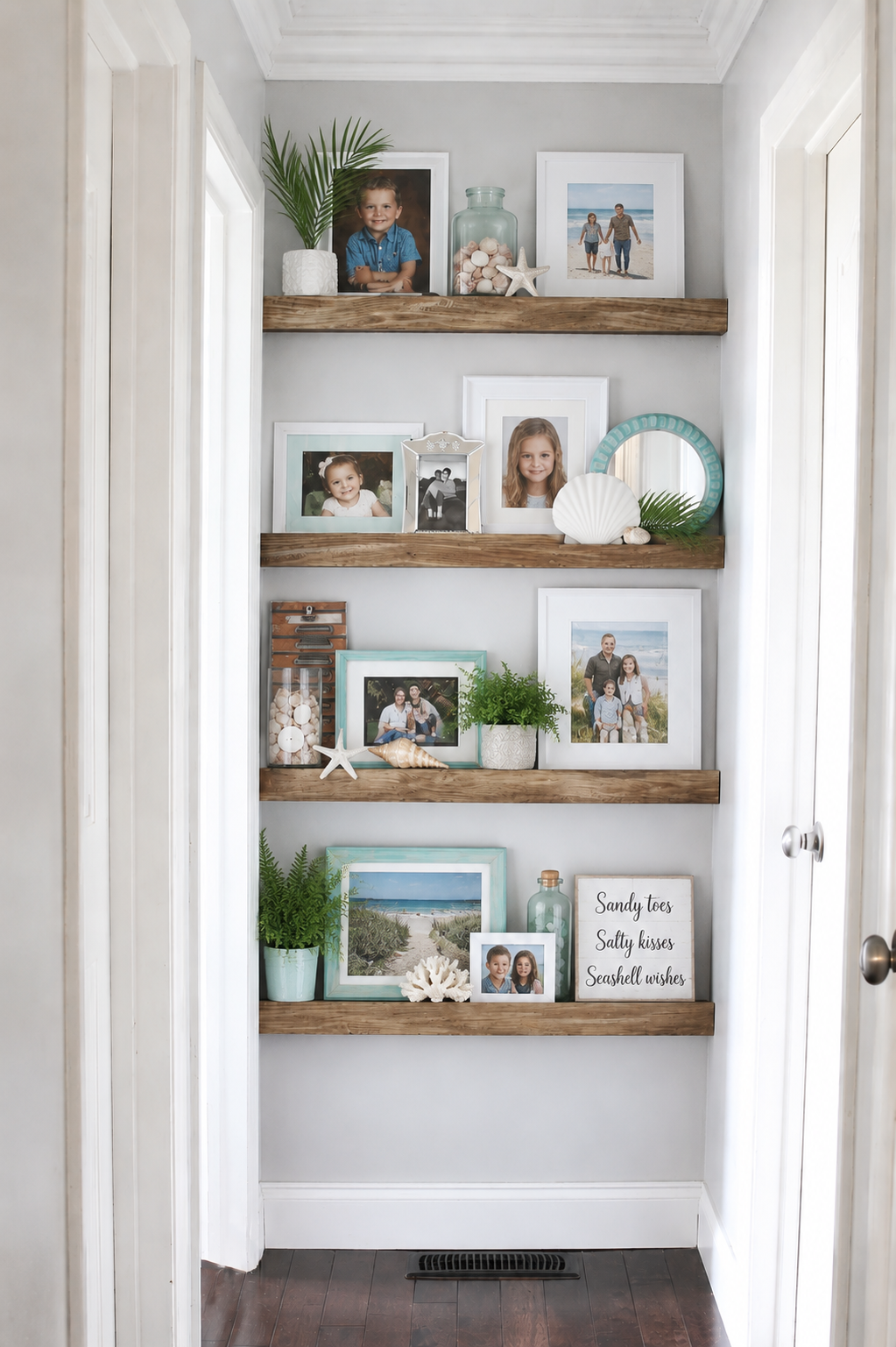 Hallway picture ledges styled with framed beach photos, shells, coral, and coastal signs