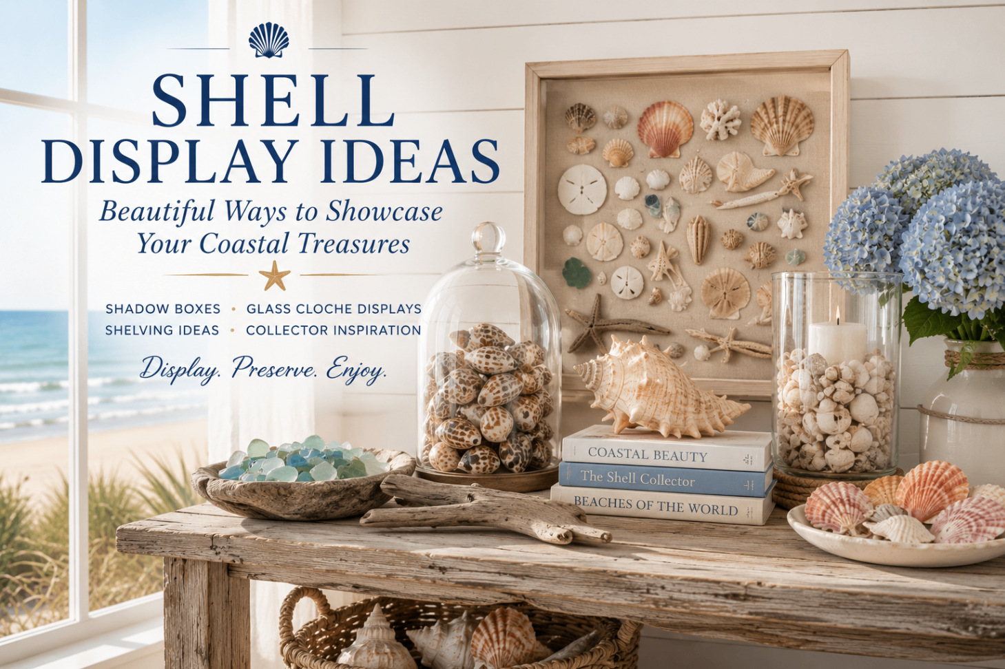 Shell display table with framed collection, glass cloches, hydrangeas, and coastal books