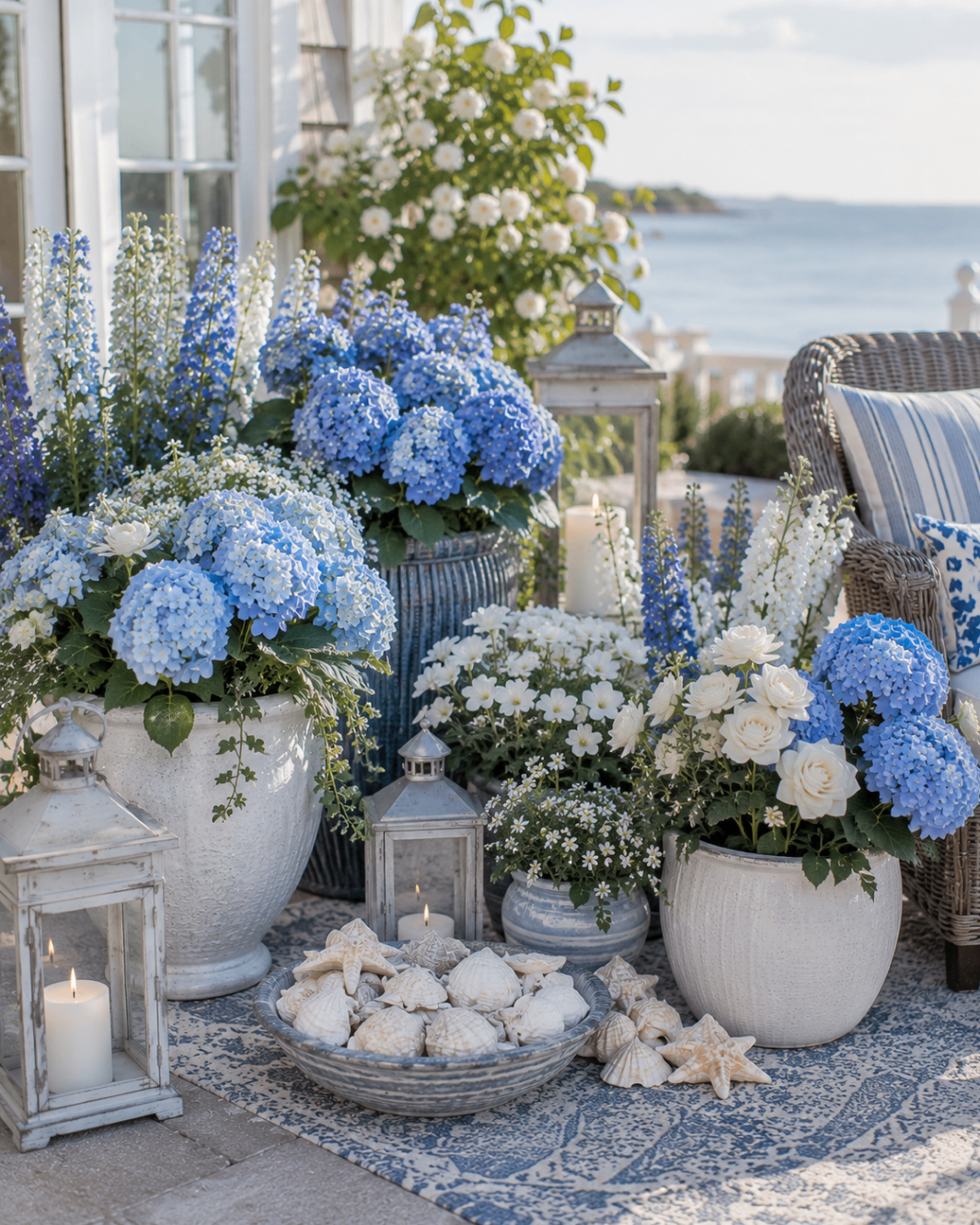 A coastal patio layered with white lanterns, blue hydrangeas, white roses, and bowls of seashells