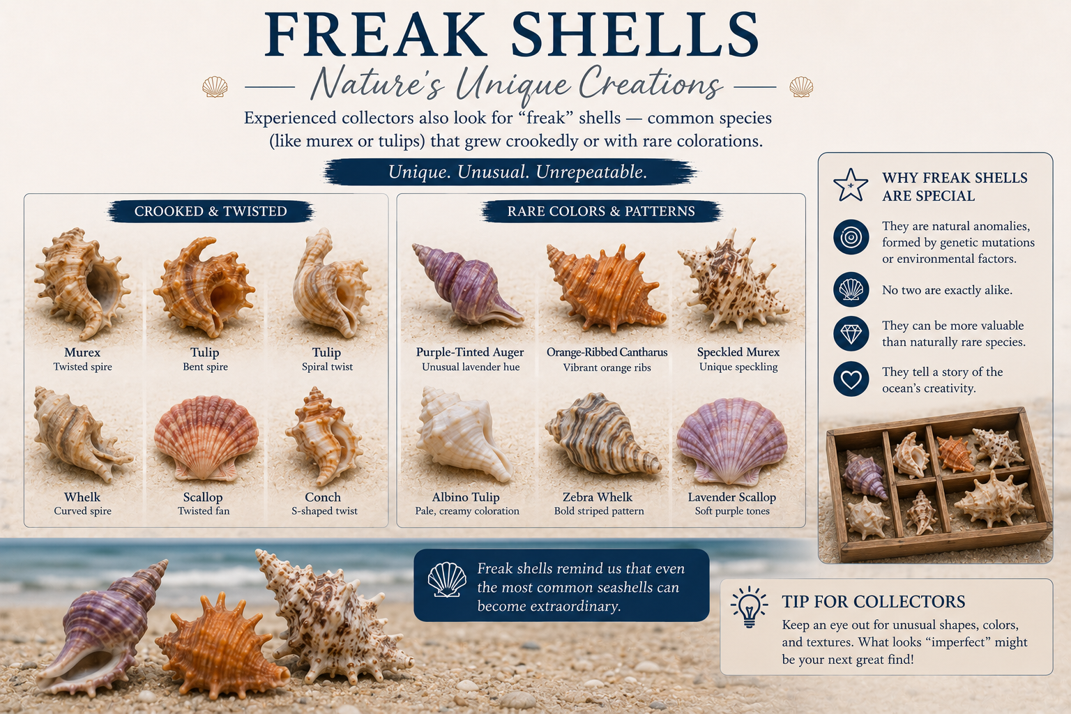 Unusual crookedly grown murex shell with rare purple and orange coloration on beach sand