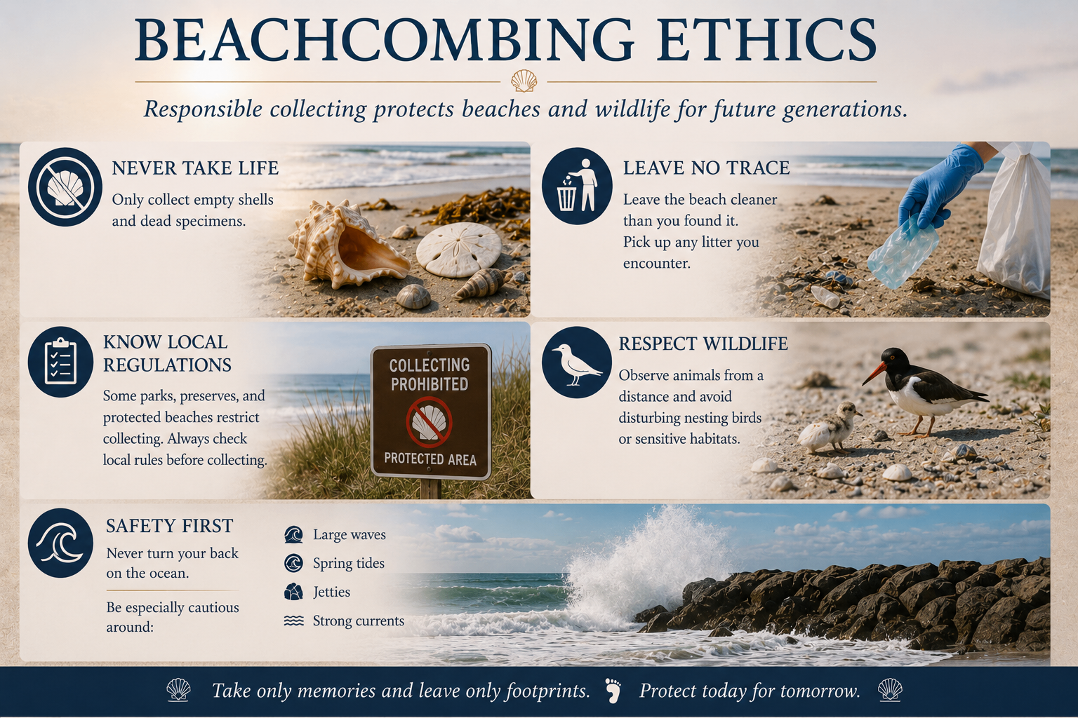 Beachcombing ethics infographic covering never take life, leave no trace, know local regulations, respect wildlife, and safety first