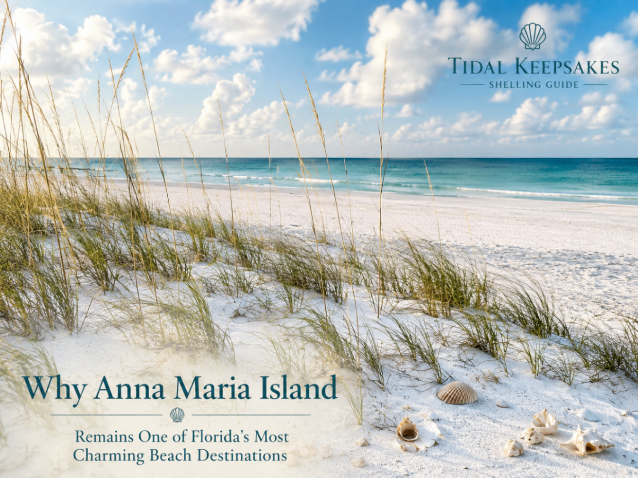 Anna Maria Island dunes and beach grasses overlooking a quiet Gulf Coast shoreline with shells in the sand