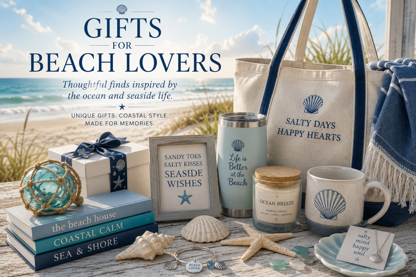 Curated beach lover gifts including tote, candle, mug, books, and jewelry on a seaside table
