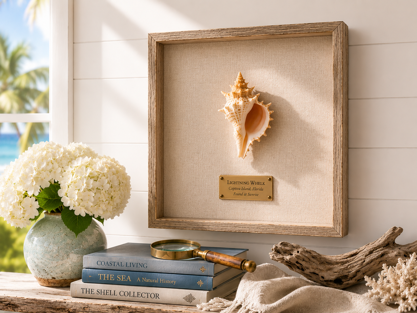 A single treasured shell displayed in a linen-backed wood frame with a small brass specimen label