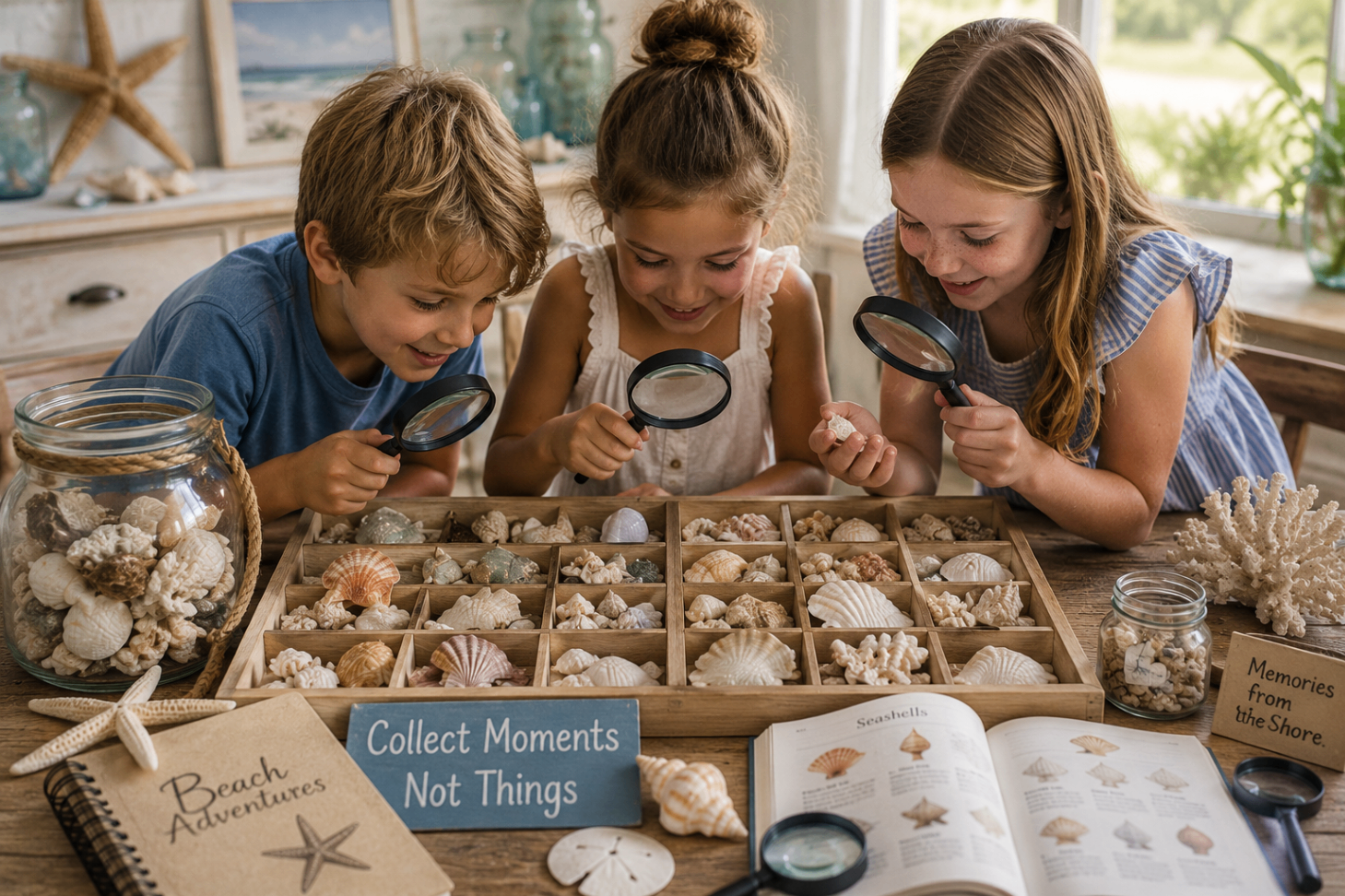 Children exploring seashells at a table with magnifying glasses and field guides
