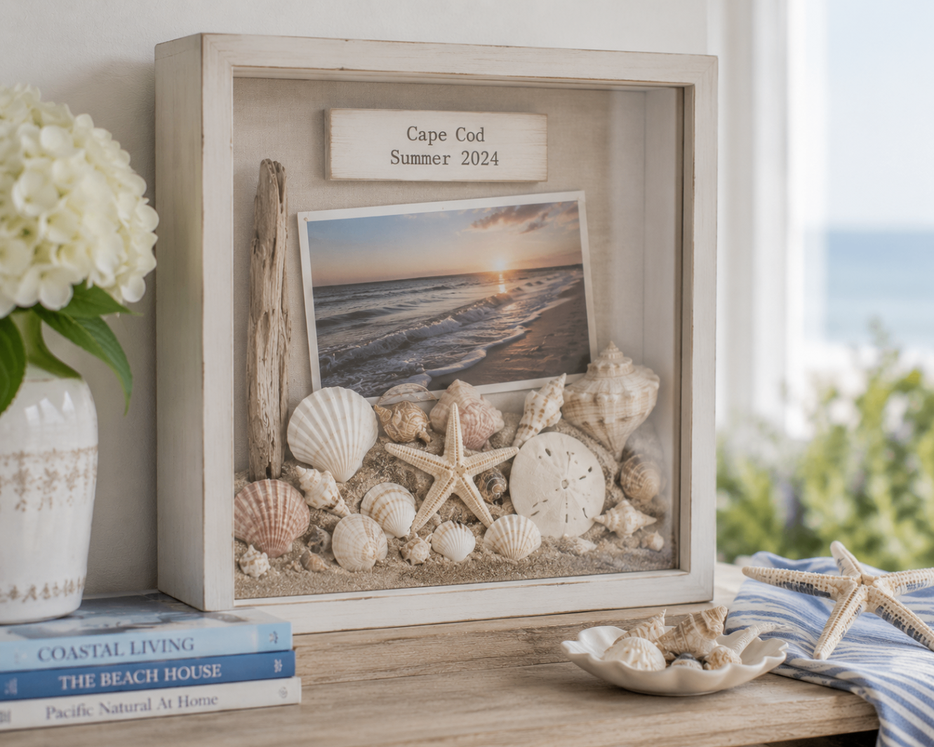 A coastal shadow box featuring shells, sand, a beach photo, driftwood, and a handwritten vacation label
