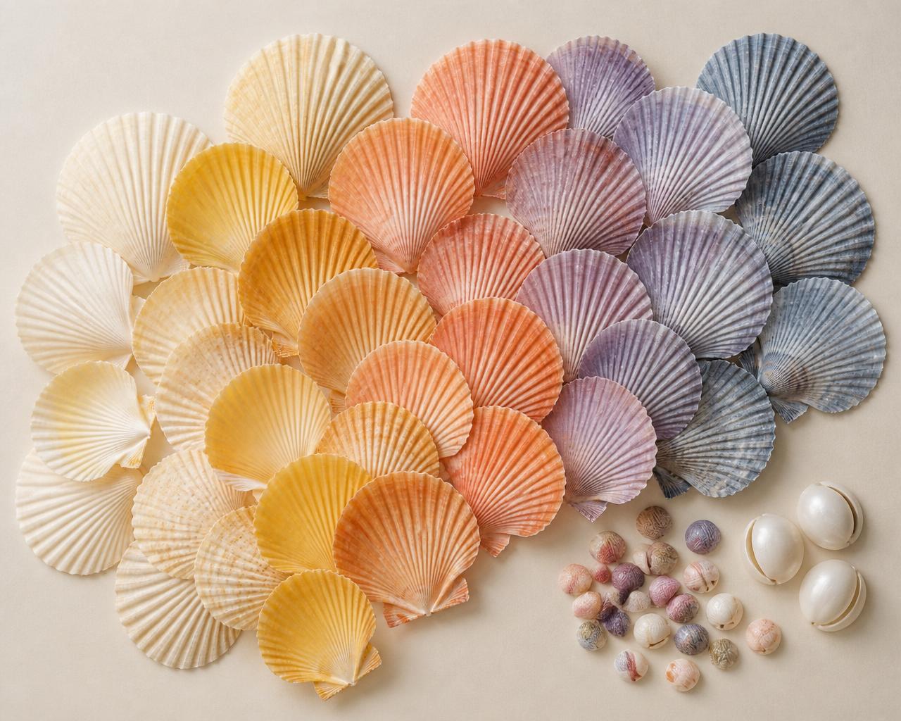 Colorful fan scallop shells arranged by color with tiny coquina clams and pearly jingle shells on a cream background