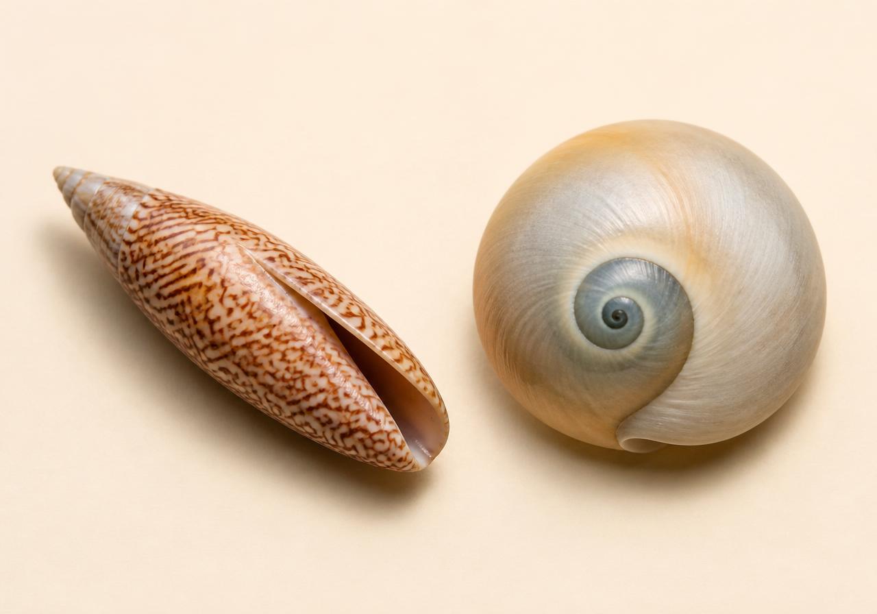 A lettered olive shell and an Atlantic moon snail shell on a cream background