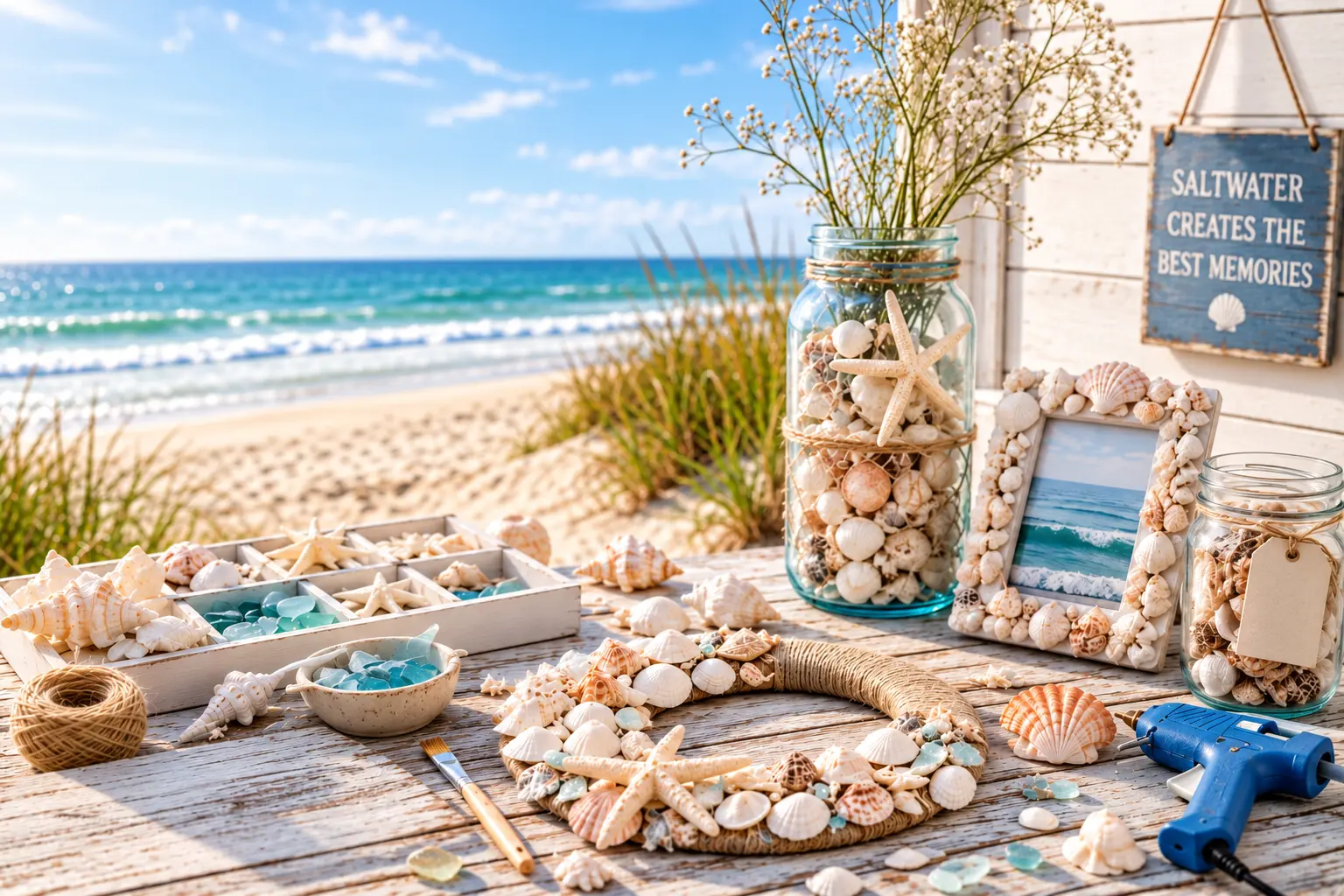 Seashell craft table with jars, shell frame, wreath, and glue gun by the beach