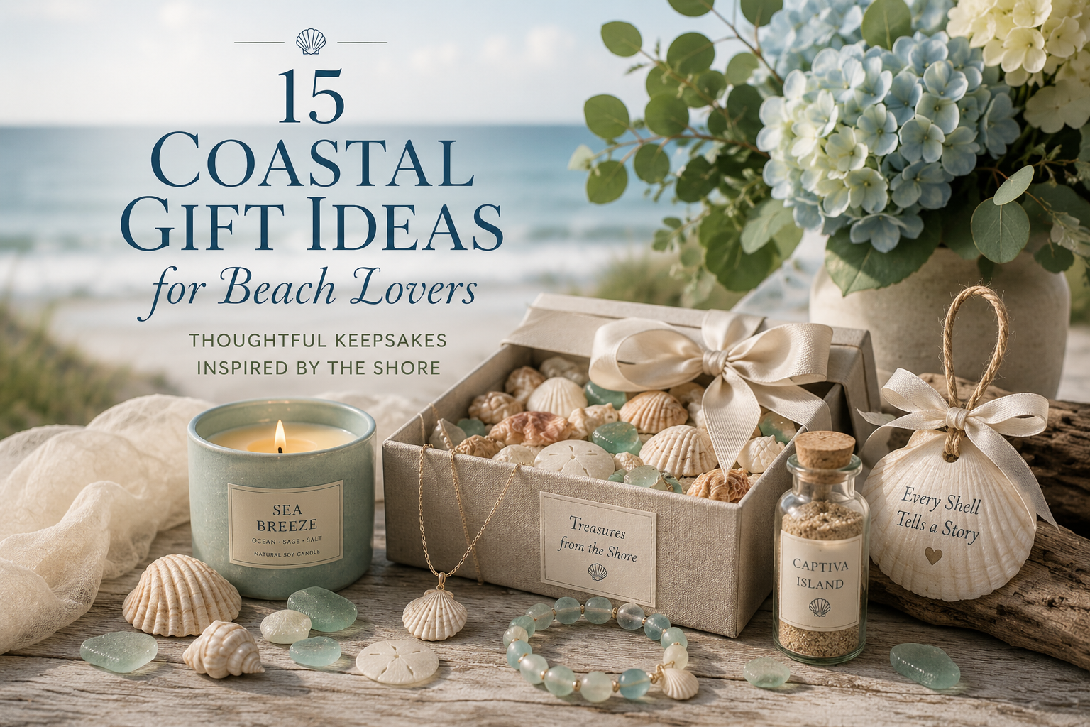 Linen-wrapped gift box of seashells with ribbon, sand vial and starfish